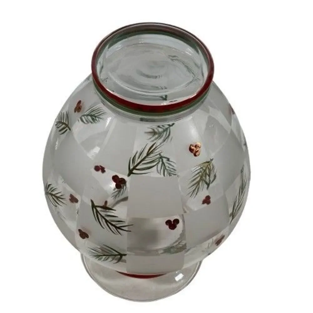 LG Glass Holly Berry & Pinecones Vase Hand Painted VTG Winter Holiday Christmas
